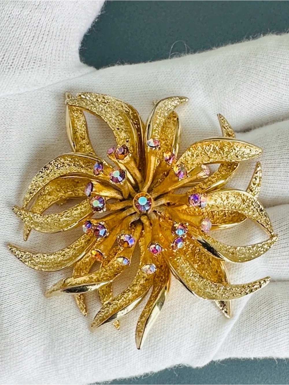 Vintage Signed François for Coro 3D Gold Flower Brooch AB Rhinestones Pristine